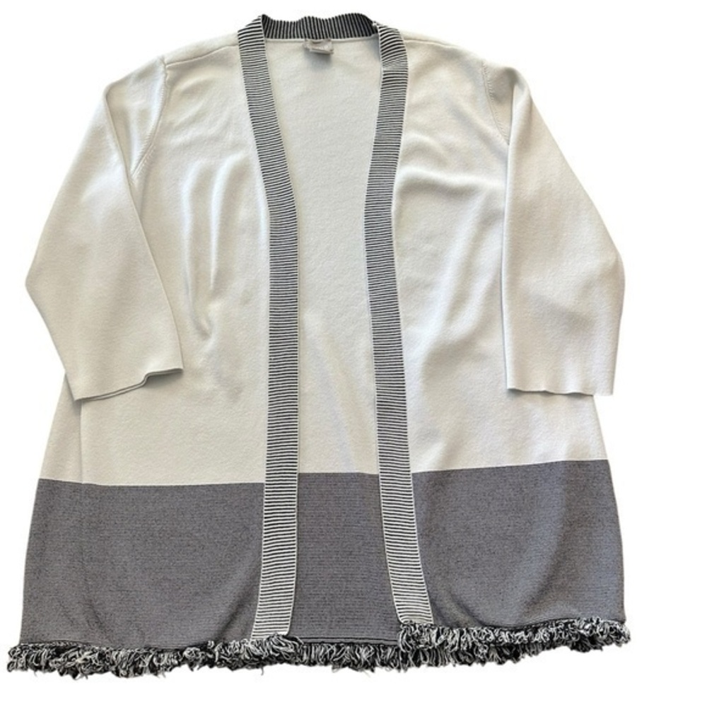 Chico’s Open Front Fringe Knit Cardigan 3/4 Sleeve - Womens Size 1 - Black White